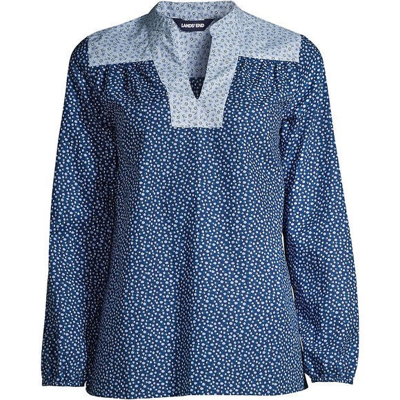 Lands' End Womens Blouse Blue Floral Print Cotton Poplin Peasant Long Sleeves XL - Picture 8 of 8